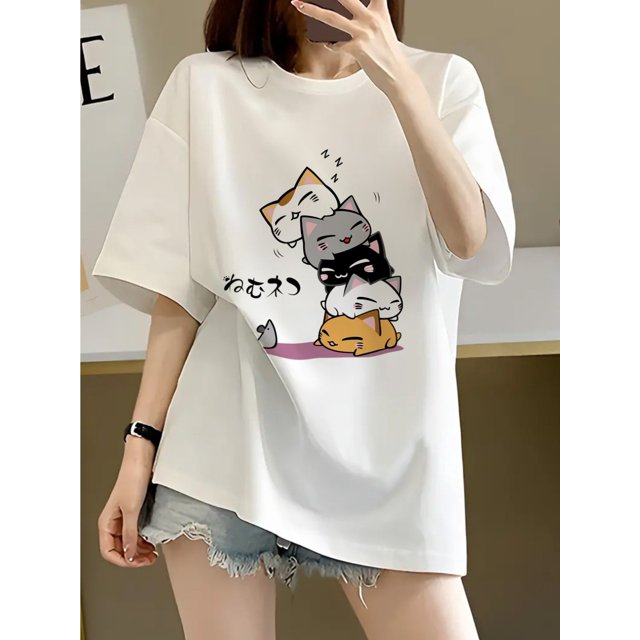 Summer Cute Cartoon Cat Print Long T-Shirt for Women, Casual Loose Crew Neck Short Sleeve Top, Cotton Knit Fabric, 185g/m² - Pullovers