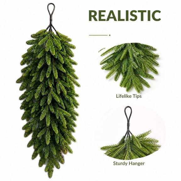 Faux Pine Branch Hanging Decoration with Lifelike Tips and Sturdy Metal Hanger, Single Piece, Green, for Front Door and Porch, Christmas Decoration