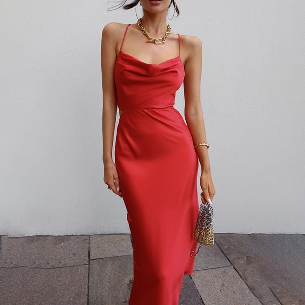 Vestido Con Tirantes Cruzados Vestidos largos de cóctel para mujer Ropa de club sin mangas de corte bajo (Rojo M) Cgtredaw Para estrenar