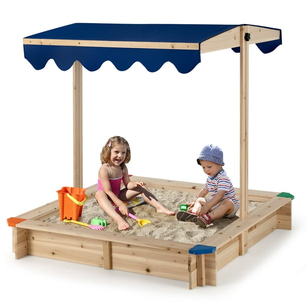 Costway Bac à sable en bois pour enfants avec auvent et 2 banquettes  doublure inférieure pour l'extérieur