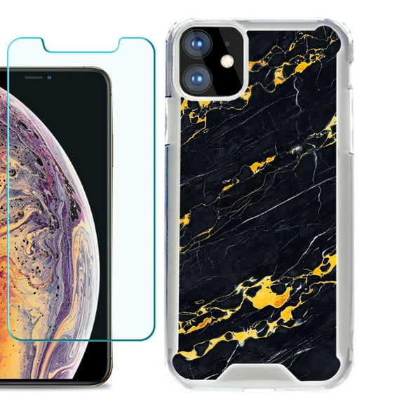 For Apple iPhone 11 Case, Hybrid Bumper Phone Case, with Tempered Glass Screen Protector, by OneToughShield ® - Marble / Lava