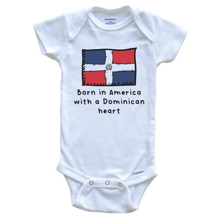 

Born In America With A Dominican Heart Cute Dominican Republic Flag Baby Bodysuit 3-6 Months White