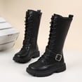 thumbnail image 5 of Girls Leather Riding Knee High Boots with Side Zipper Fashion Round Toe Comfortable Low Heel Lace Up Combat Boots Lug Sole Motorcycle Boots Little Kid/Big Kid, 5 of 5