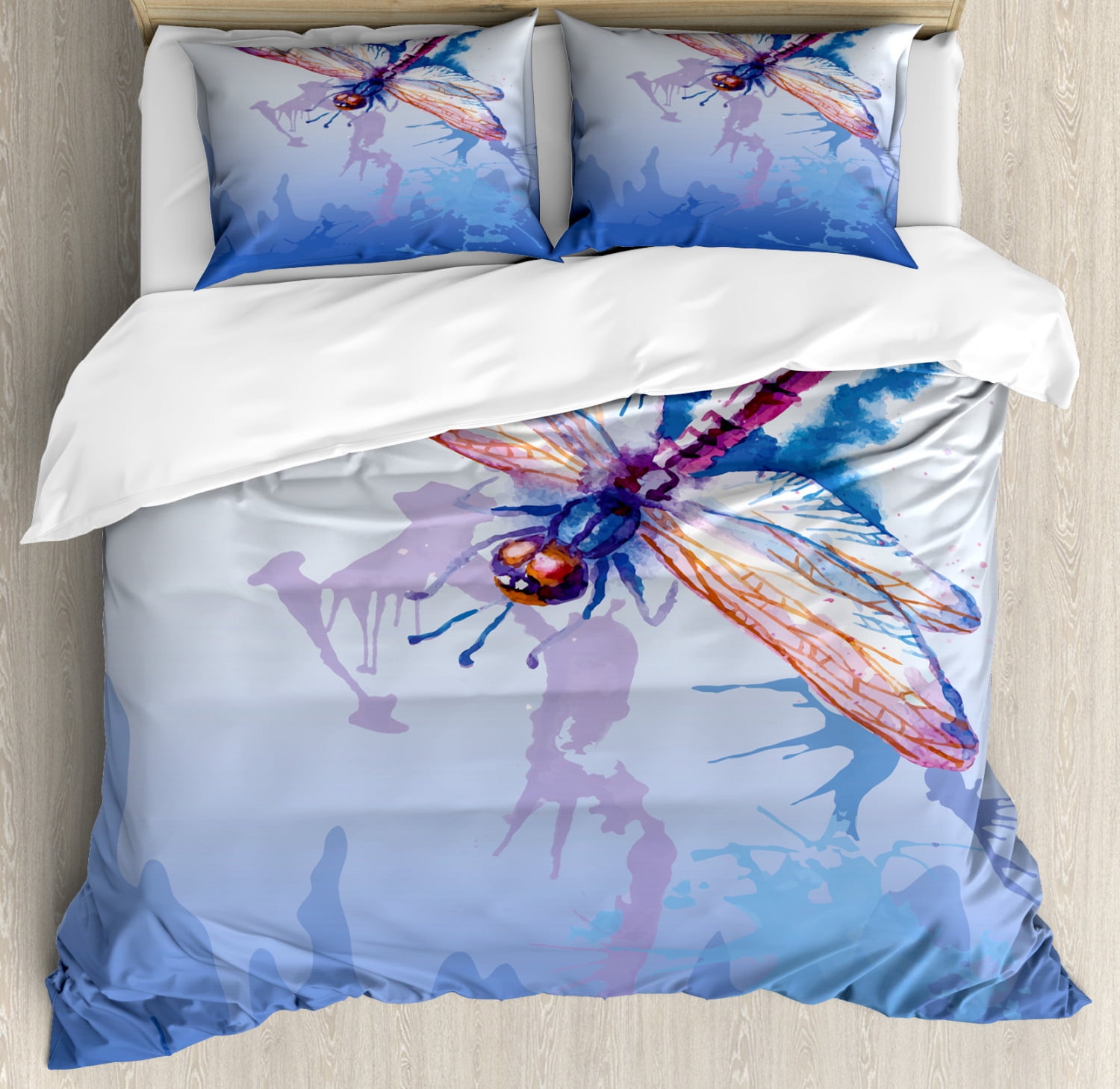 Dragonfly Duvet Cover Set, Colorful Purple Moth Watercolored Design