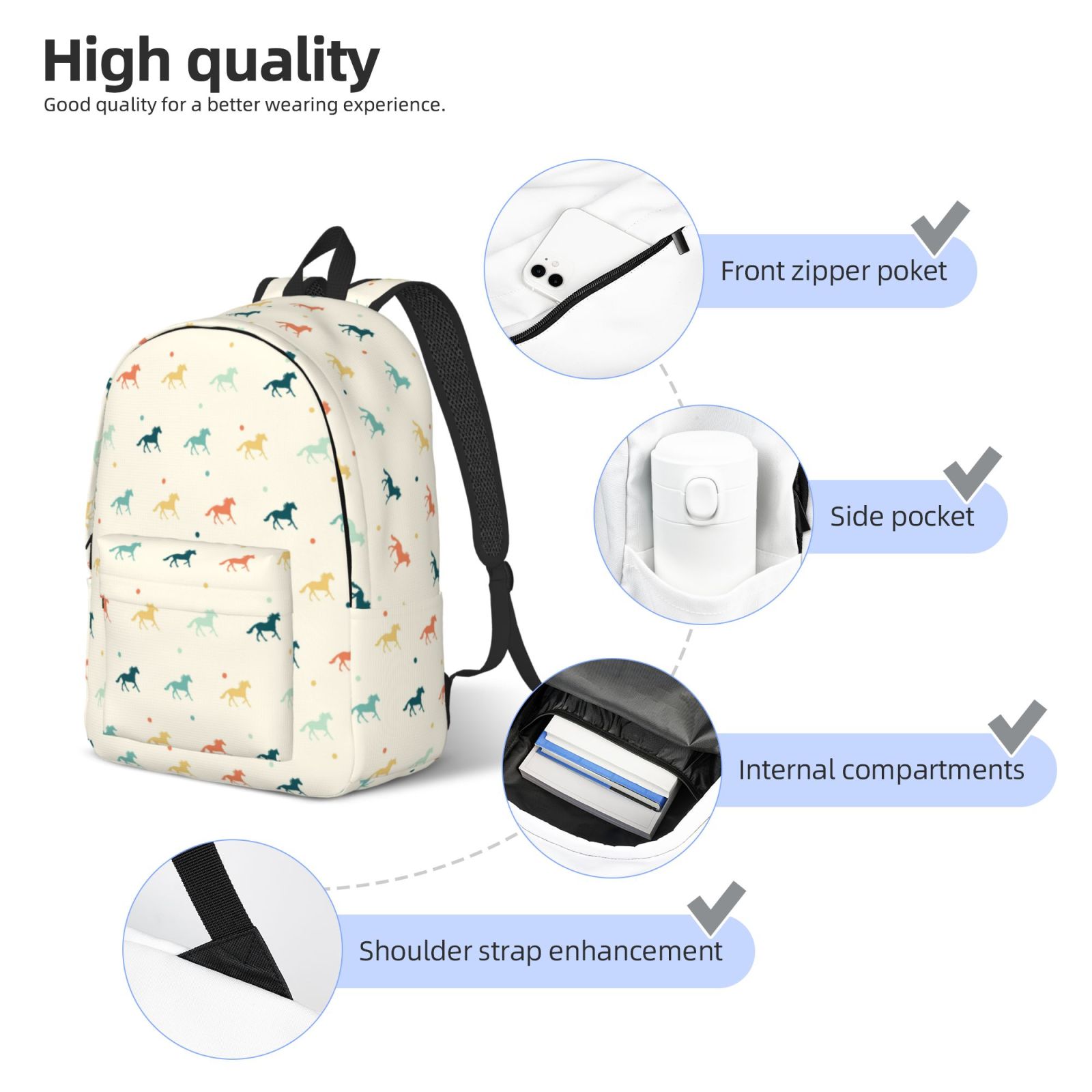Travel Laptop Backpack - Minimalist Multicolor Horse_A Lightweight Canvas Backpack, Wear Resistant Computer Backpack Bag Fit {sizeName} Laptop for Men Women with Adjustable Padded Shoulder Straps