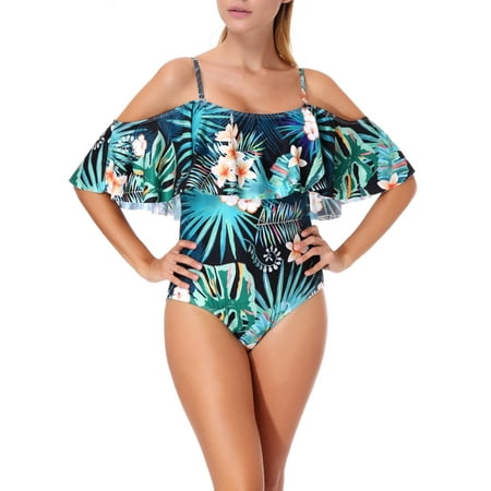 Women's Slimming One-Piece Swimsuit Bathing Suits Vintage Tropics Prints Floral Ruffle Bikini Swimwear Three Style Green/White/Grass