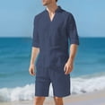 thumbnail image 5 of POIUYTR Men Casual 2 Piece Sets Summer Long Sleeve Button Shirts Straight Leg Shorts Beach Loose Outfits Set, 5 of 6