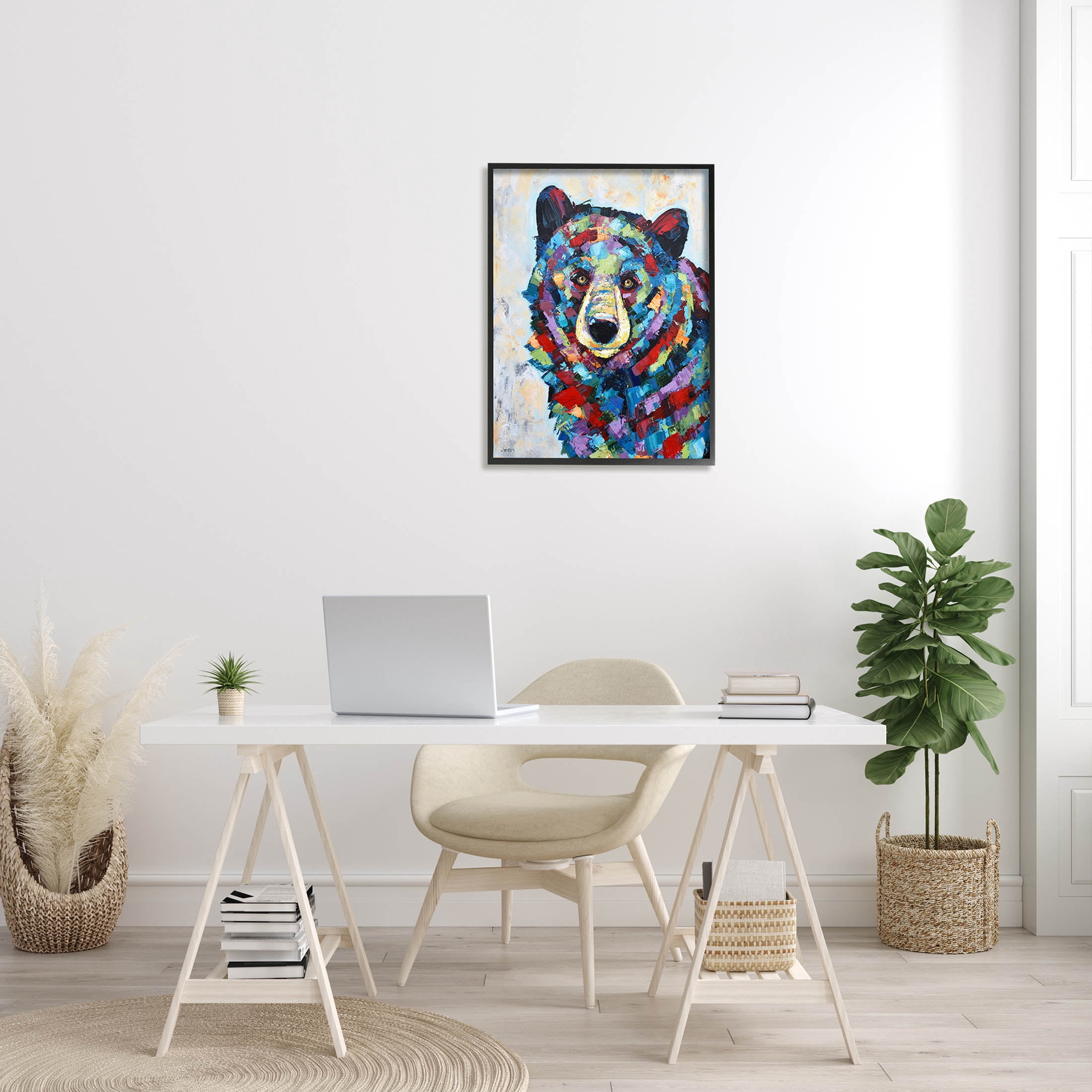 Geometric Hued Abstract Bear Animals & Insects Painting Black Framed Art Print Wall Art
