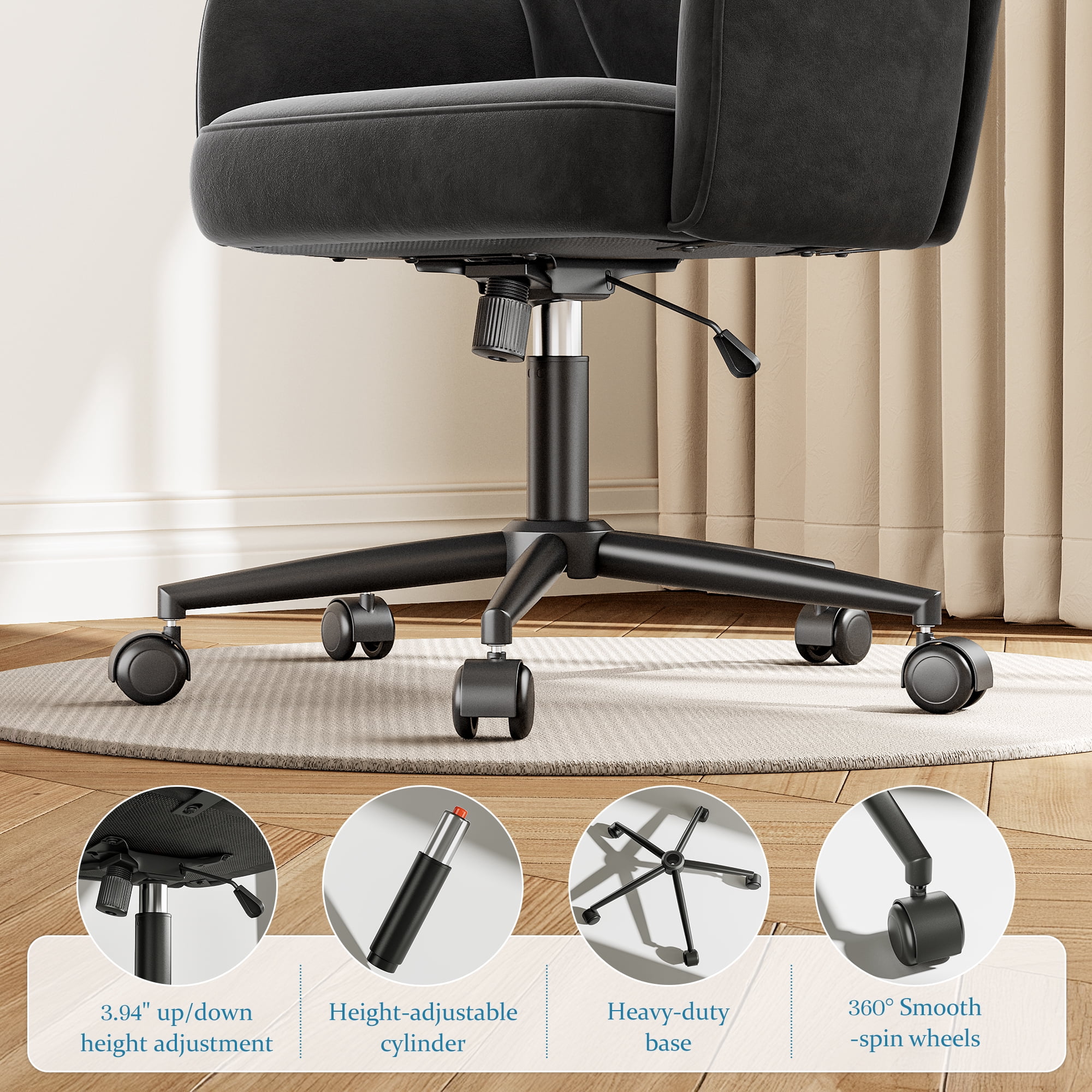 Romorgniz Vanity Chair with Wheels & Back Desk Chair Adjustable Height for Makeup, Work & Relaxation, Black
