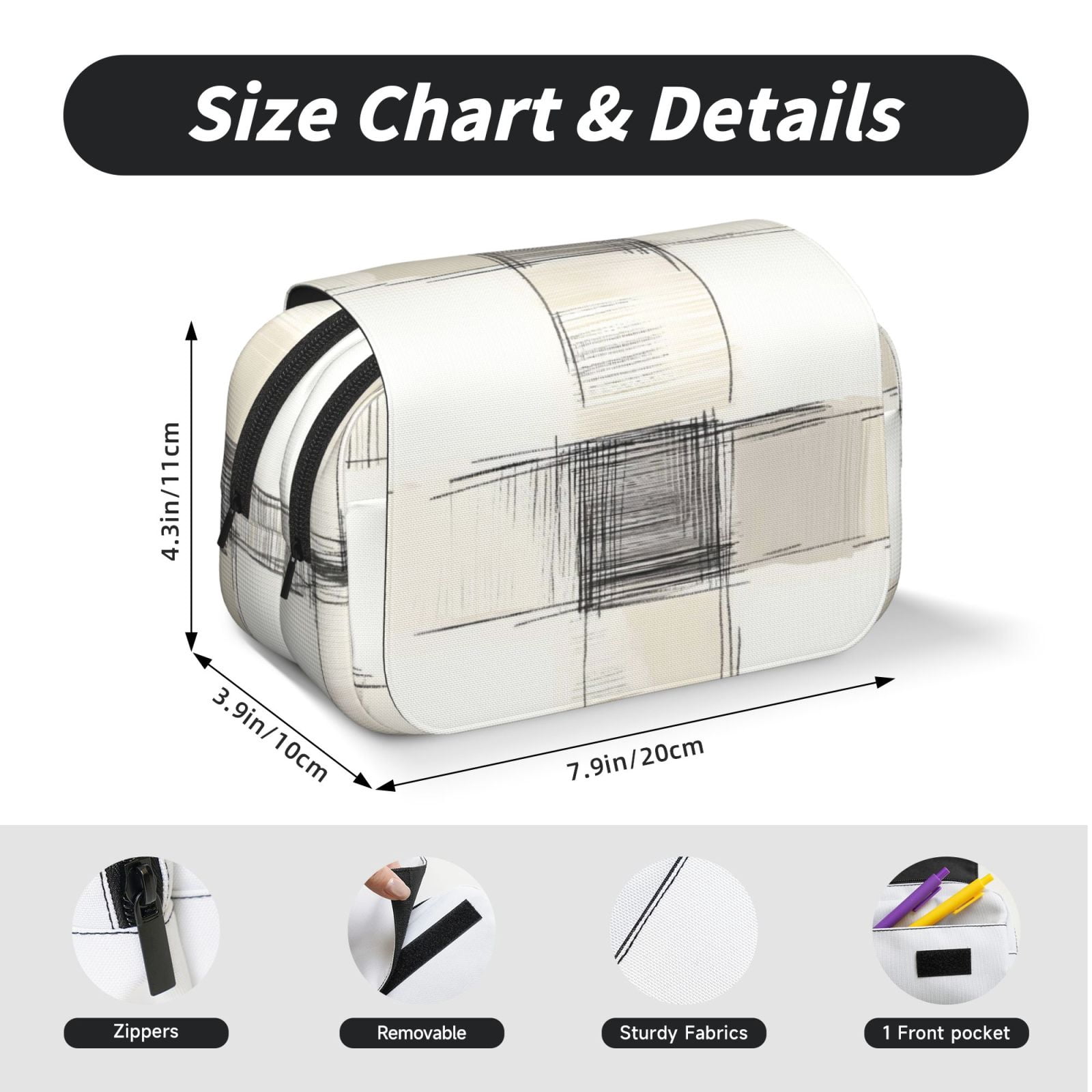 Large-Capacity Flip-Top Double-Layer Pencil Case, Multi-Functional Pocket Pen Case, Durable Stationery Organizer Ivory Checked Hand-Drawn Sketch_3