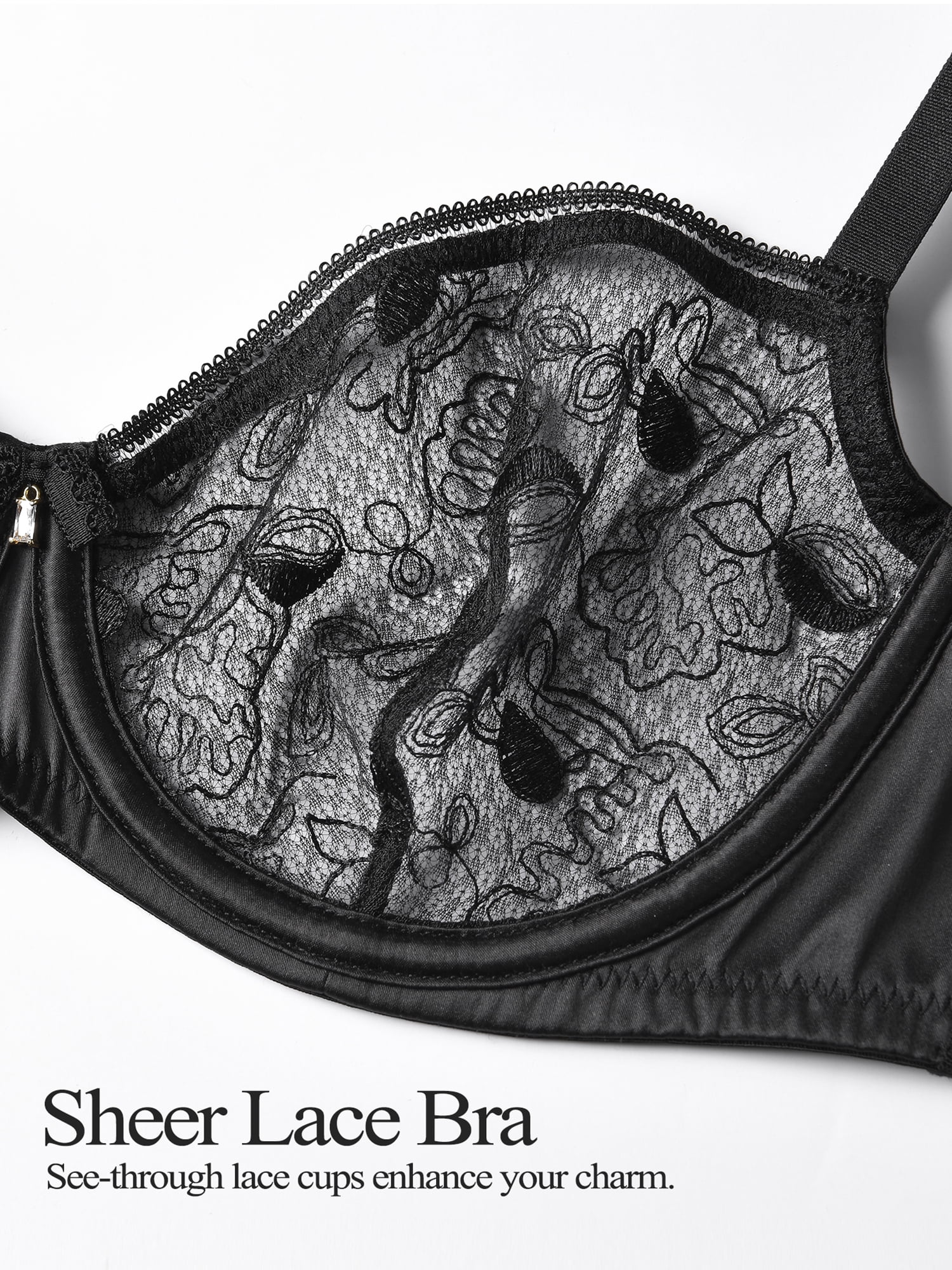Deyllo Women Lace Bra Sheer Balconette Bralette See-Through Bras Embroidered Unlined Underwire Support Black Bras Clothes Size 38DD