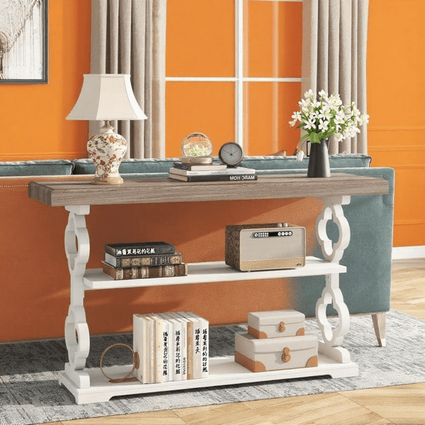 55" Farmhouse Console Table, 3-Tier Rustic Entryway Table with French Country Charm, Grey Wood Grain Top & Floral Moldings for Entryway, Living Room & Sofa Behind