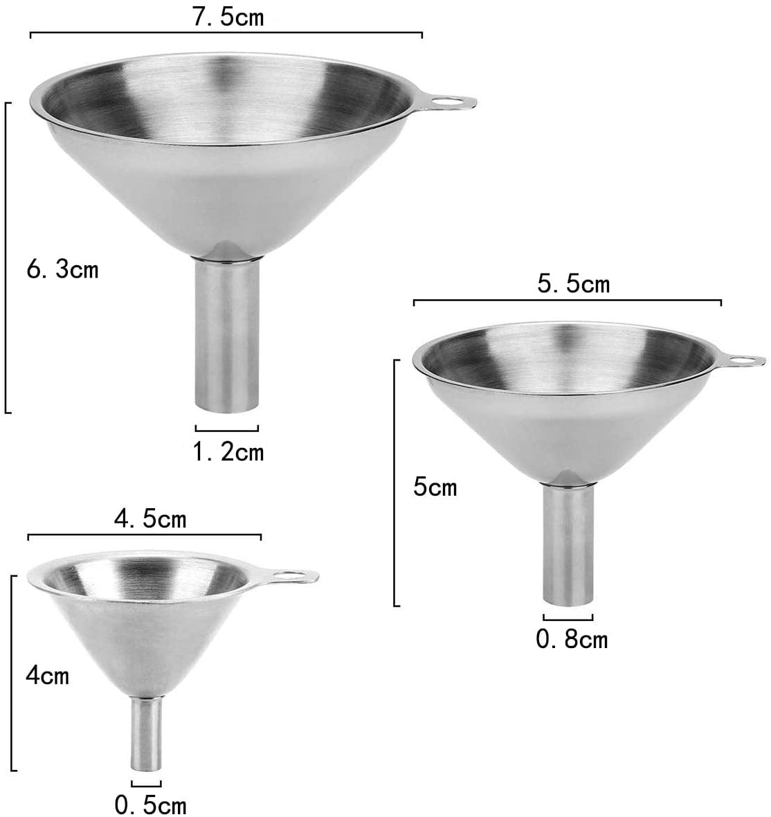 3 Size Small Funnel Set 3Packs Stainless Steel Kitchen Funnels for Household Fluid Oil Powder 