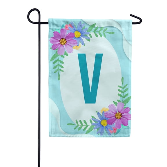 America Forever Spring Monogram Garden Flag Letter V 12.5 x 18 inches Double Sided Vertical Outdoor, Yard, Lawn, Pink and Blue Flowers, Cosmos, Leaves, Summer Flower Garden Flag