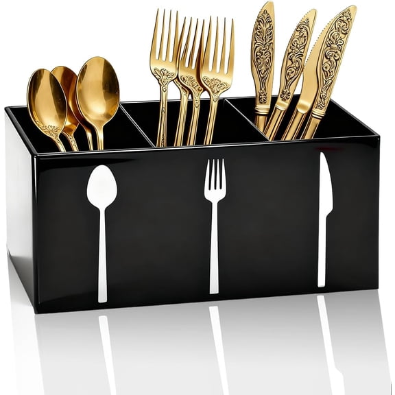 Acrylic Cutlery Storage Organizer Bin,3 Section Silverware Caddy with Spoon Fork Organizer, Clear Plastic Utensil Holder for Kitchen Countertop, Cabinet, Dining Room (Black)