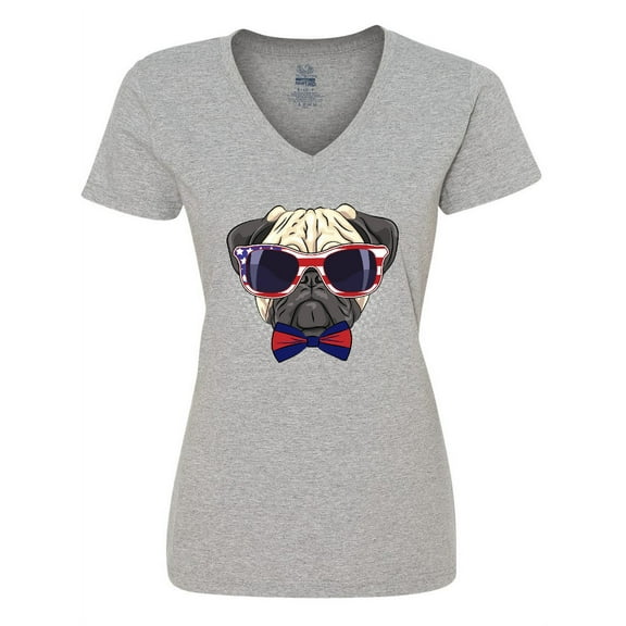 Inktastic Pug Dog July 4th Patriotic Sunglasses Women's V-Neck T-Shirt