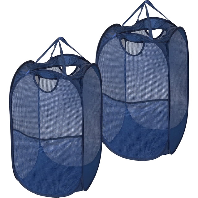 Cesta para la colada desplegable de malla Simple Houseware con bolsillo lateral, azul oscuro, paquete de 2