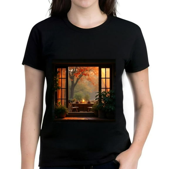 Women's Cotton Short Sleeve T-Shirt with Autumn Leaves Pattern - Cozy Fall Vibes Perfect for Casual Wear