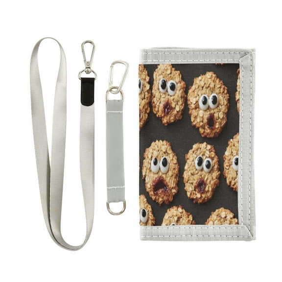 Cloth Wallet with Lanyard & Multiple Compartments Fashion Purse Zipper Clutch Bag for Cash Cards Coins Oatmeal Cookies