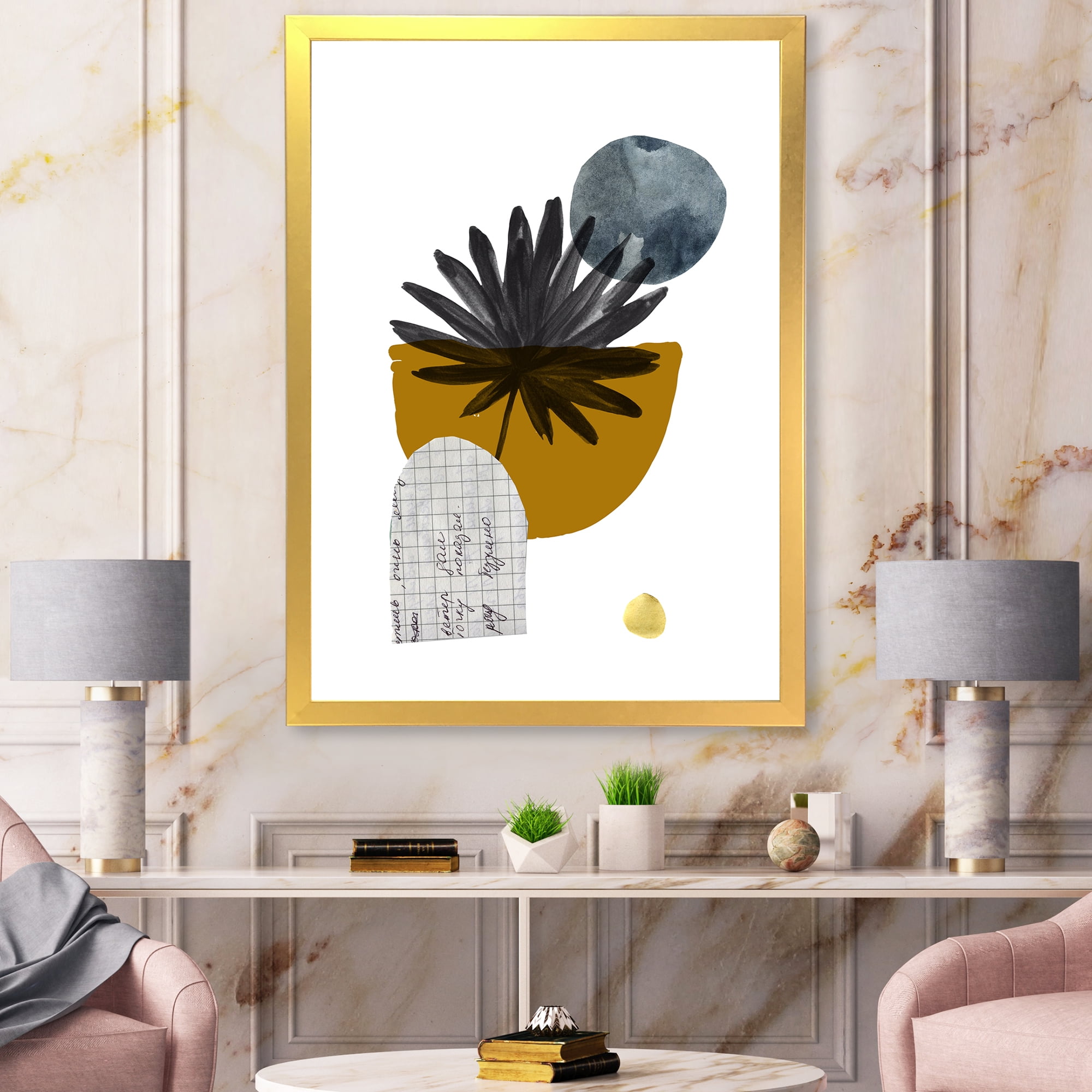 Designart 'Abstract Geometry Shapes and Tropical Palm Leaf I' Modern Framed Art Print