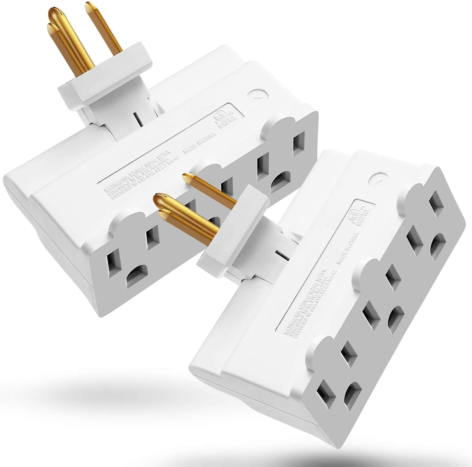 3 Outlet Wall Adapter (2 Pack), Fosmon ETL Listed 3Prong Swivel Grounded Indoor AC Mini Plug