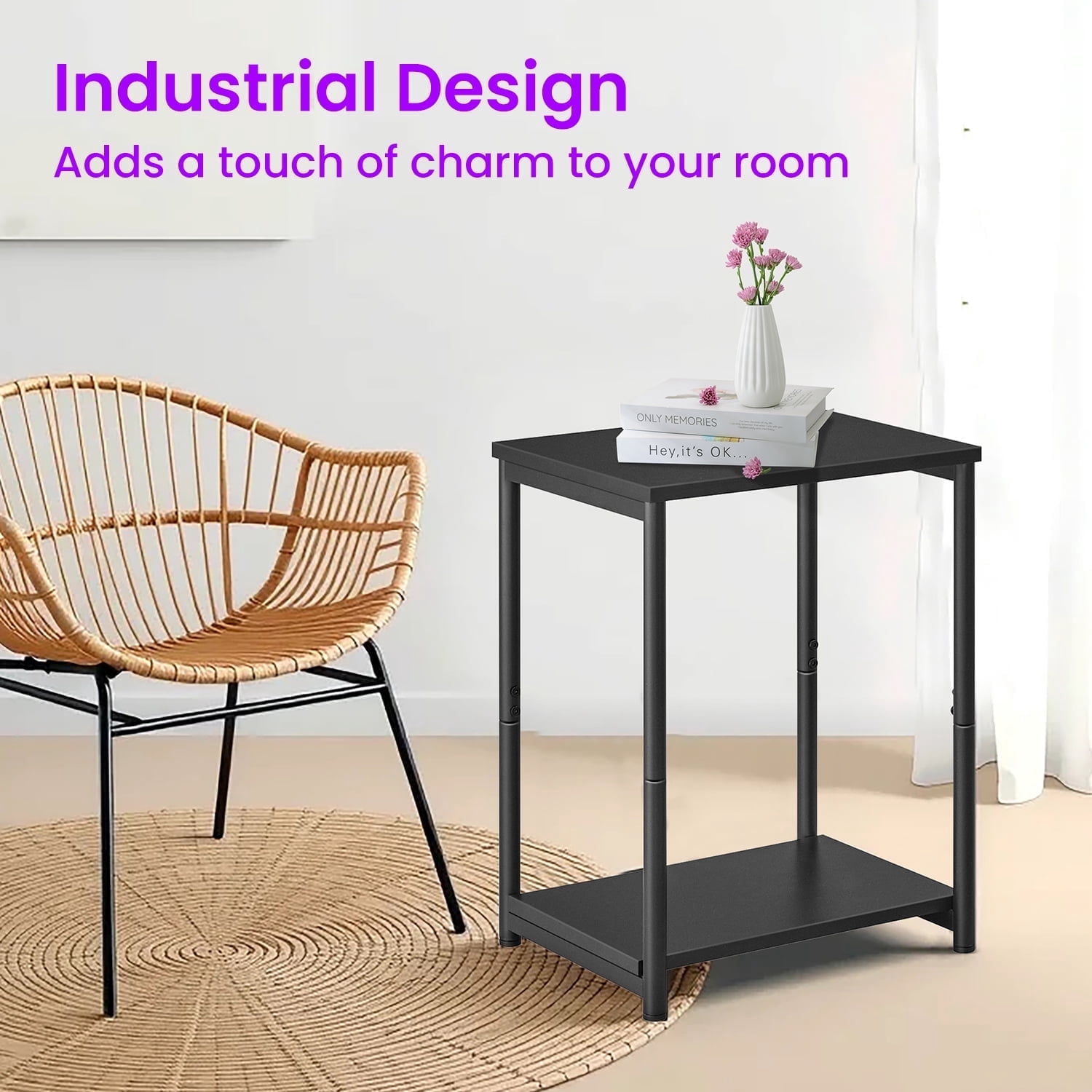 LEDREM Industrial 2-Pack Accent End Tables, Sturdy Steel Frame & Particleboard, Easy assembly, Adjustable Feet Slim Side Table, Black