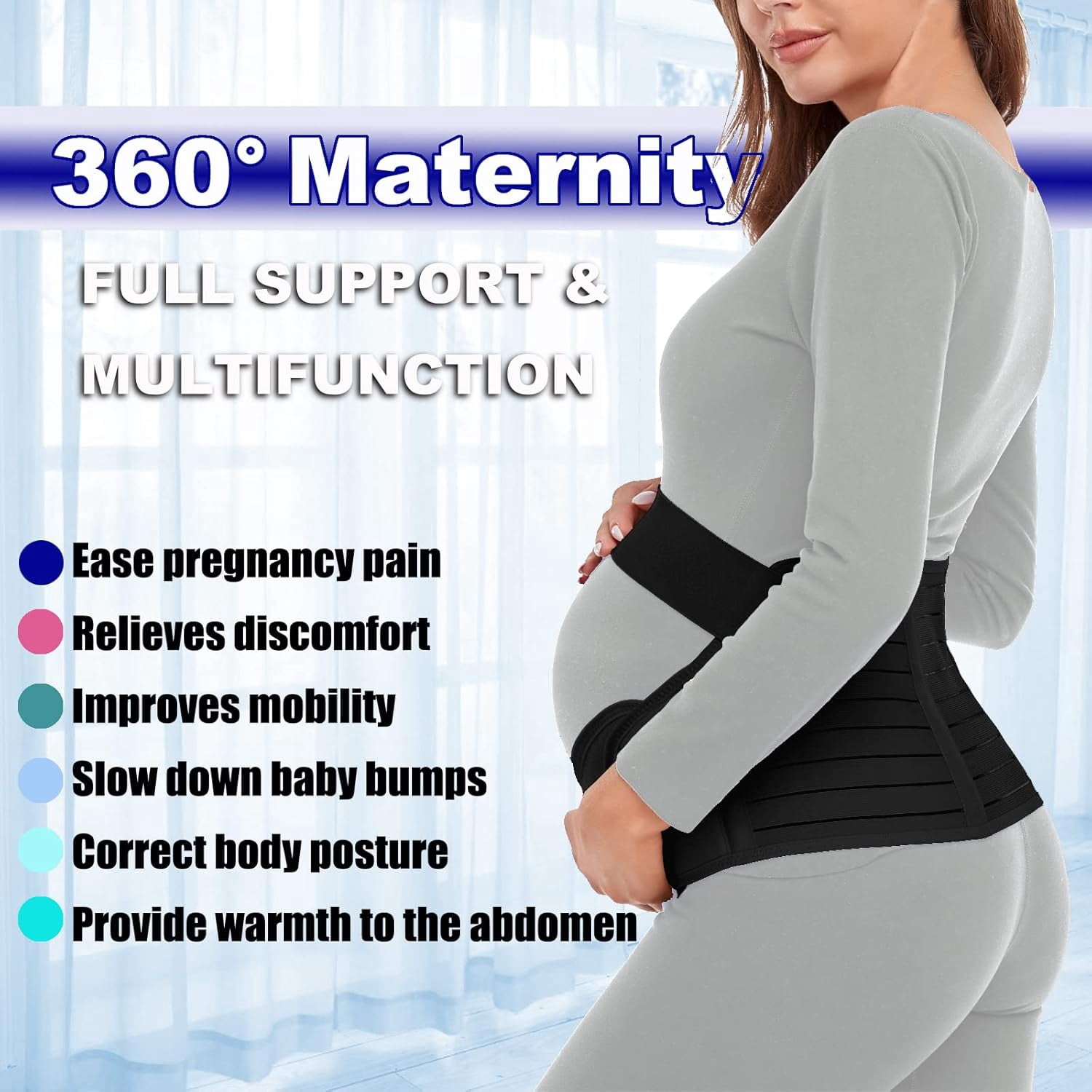 Maternity 3 In 1 Belly Band Support - Black with White Stripes Belly Bands Black Standard Size 3-in-1 Belly Band for  main image 2