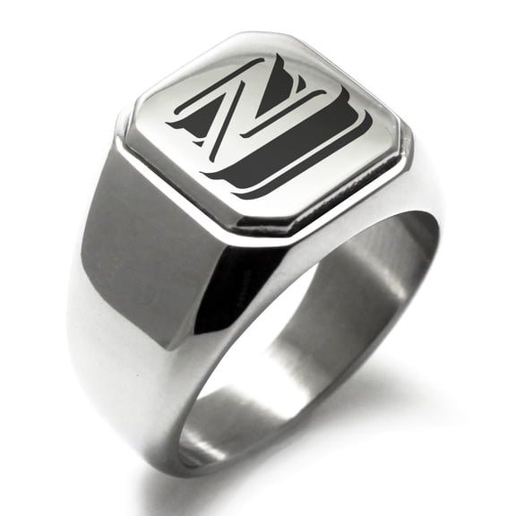 Stainless Steel Letter Z Initial 3D Monogram Engraved Engraved Square Flat Top Biker Style Polished Signet Ring