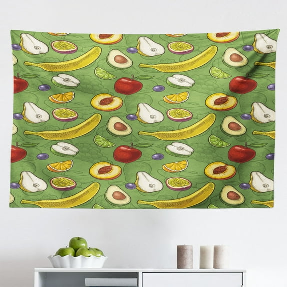 Orange Tapestry, Repetitive Vitamin C Half Cut Fruits Leaves Drawing Illustration Print, Fabric Wall Hanging Decor for Bedroom Living Room Dorm, 2 Sizes, Pale Blue and Orange, by Ambesonne