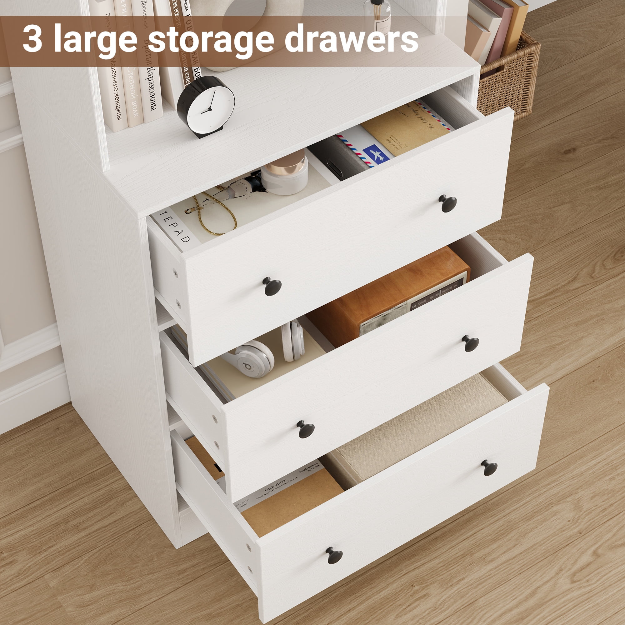 NEGYLIM 71" Bookcase with Drawers & Shelves, Wooden Bookshelf with Charging Station & Adjustable LED Lights, Anti-tipping Design for Living Room Home Office, White