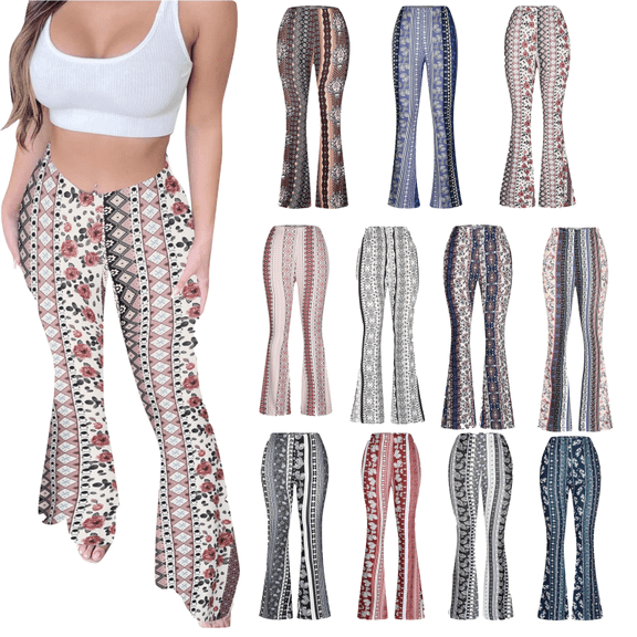 APEXFWDT Boho Flare Pants for Women Womens Stretchy Wide Leg High Waist Bell Bottom Flare Pants Retro 70s Floral Legging