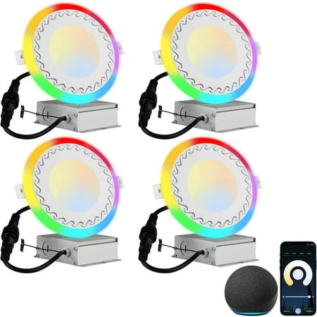 

HUIXIAN Smart Recessed Lighting with Junction Box 4 Inch RGB LED Recessed Lights WiFi Smart Retrofit Downlight Dimmable 9W 600LM 3000K-6500K Selectable Compatible with Alexa/Google 4 Pack
