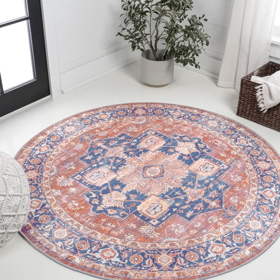 JONATHAN Y WASHABLE 6' Round Area Rug, Maris Ornate Medallion - Terracotta/Navy, WSH109A-6R