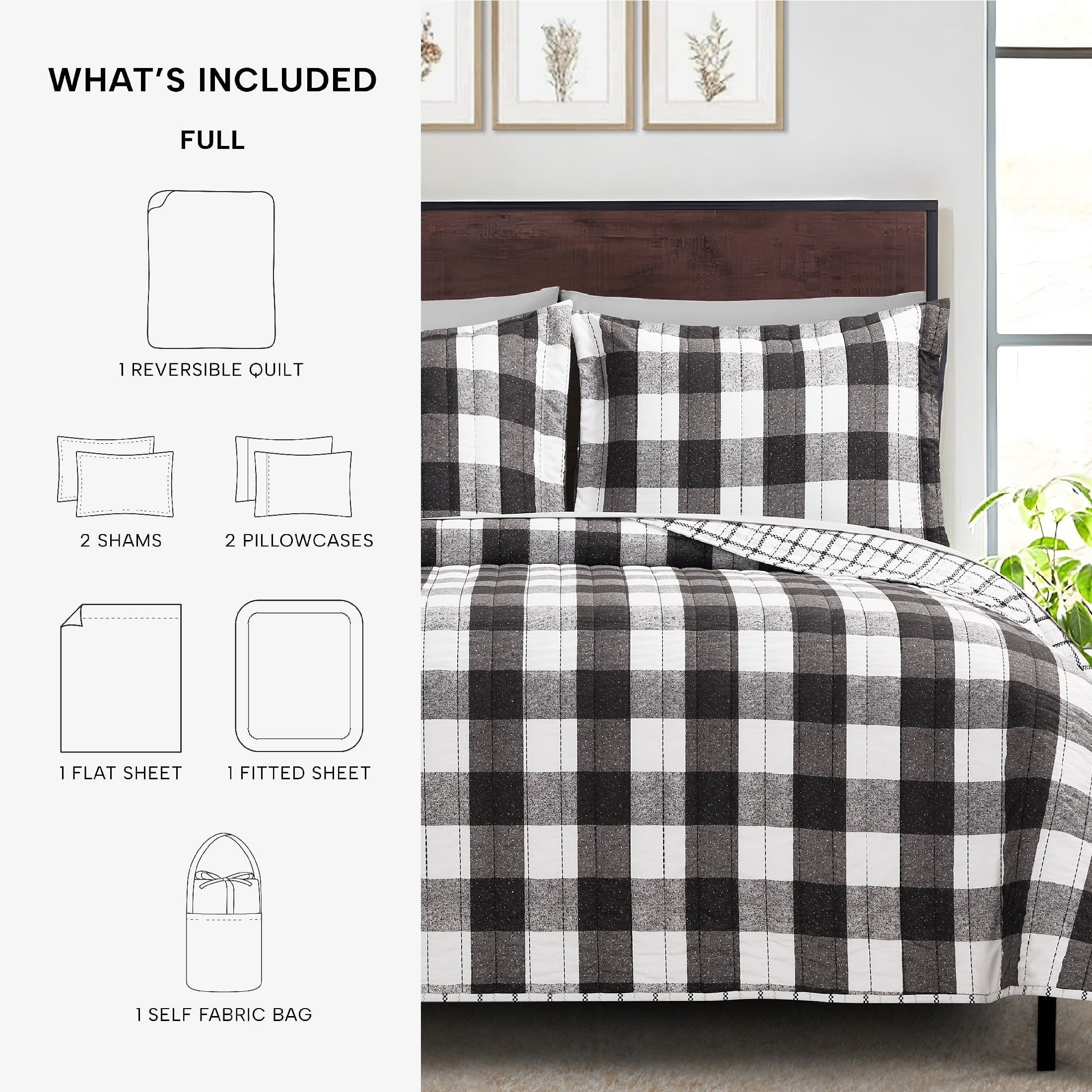 Mainstays All in One Lightweight Quilt Set and Sheet Set -7 Piece, Full, Buffalo Check