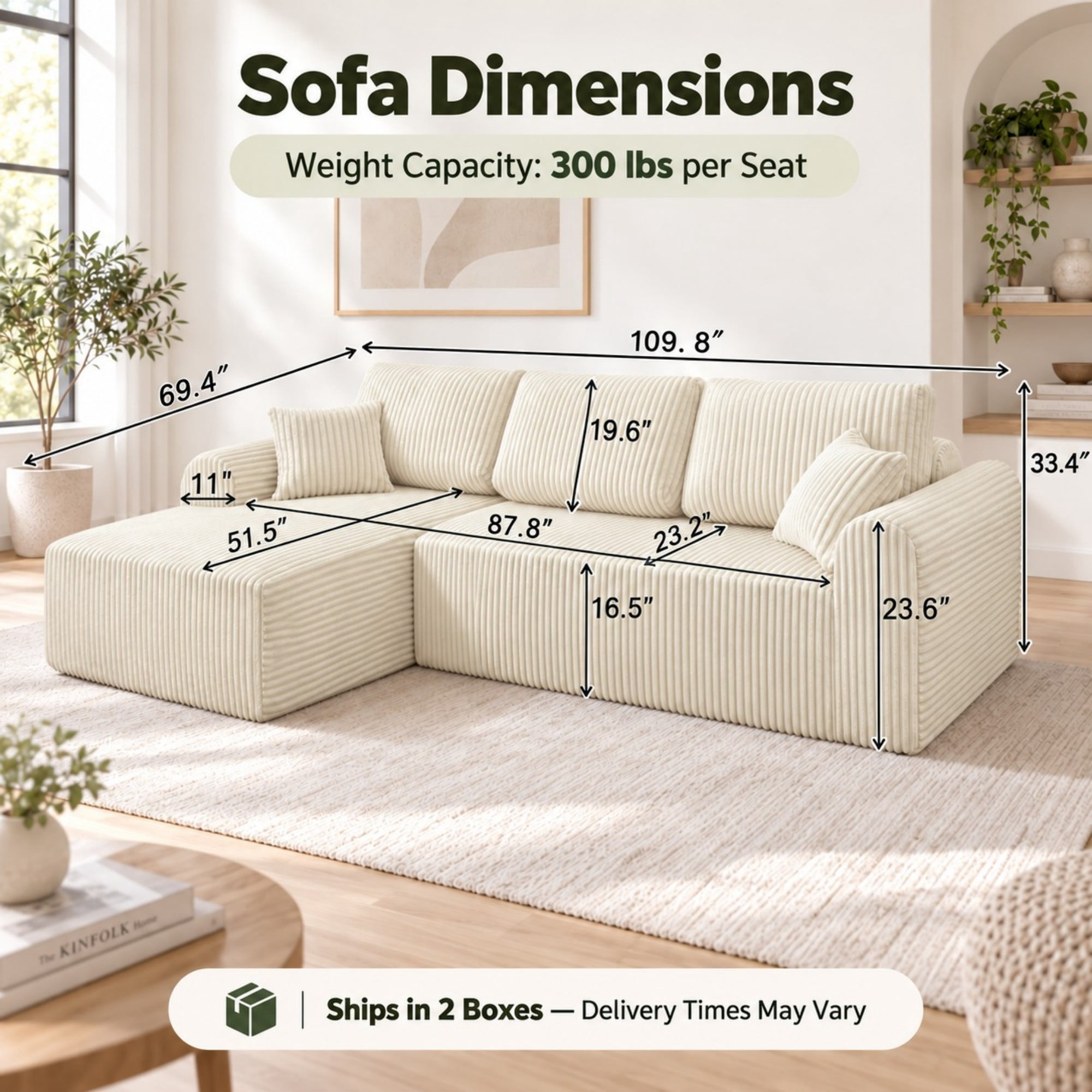 DEALTOPS 109" Corduroy L-Shape Floor Cloud Couch, Deep Seat Modular Sectional Sofa, Left Chaise, White