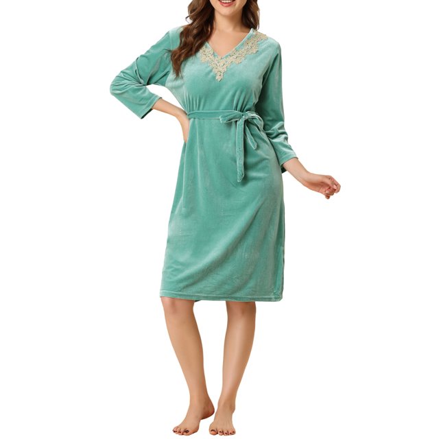 INSPIRE CHIC Pyjama Femme Col en V avec Ceinture Nouée Manches Longues Chemise de Nuit Douce Robe de Détente Midi m Vert Clair
