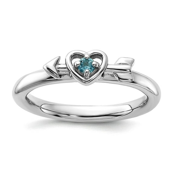 2.5mm 925 Sterling Silver Stackable Rhodium Plated Blue Topaz Love Heart Arrow Ring Size 7 Stackable Ring for Women