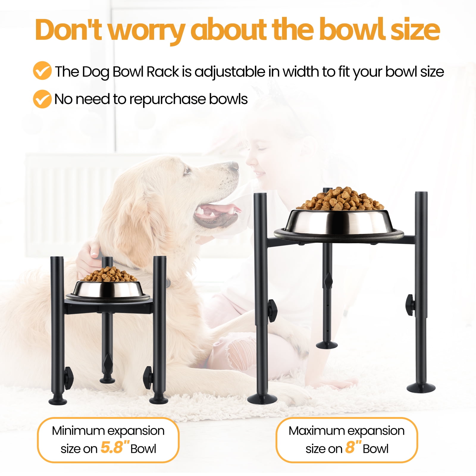 Adjustable Elevated Dog Bowl Stand, 4 Height Raised Water Feeder with Tray, Adjustable Wide 5.8-8" Dog Food Bowl Stands Holder for Medium,Large Dog(Bowl Not Included)