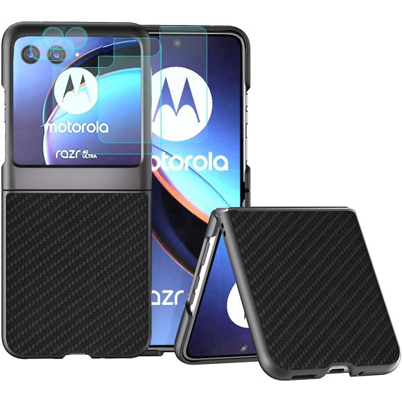 Motorola Razr 40 Ultra Carbon Fiber PU Case with 2 Screen Protectors/2 Lens Protectors Shock Cover Compatible with Razr 40 Ultra