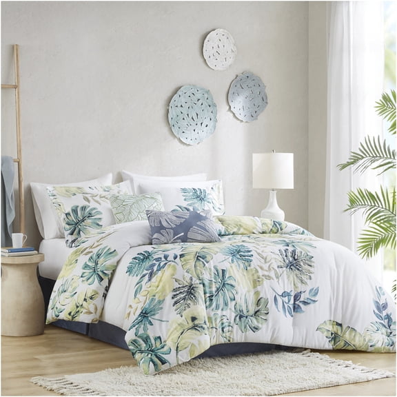JERFIT Tropical Paradise Queen 6-Piece Comforter Set, 100% Cotton Printed Bedding Ensemble with Blue Green Botanical Pattern, Includes Comforter, Shams, Bed Skirt & Pillows