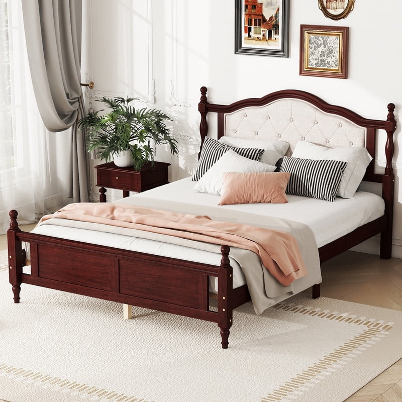 Duxelifin Queen Size Bed Frame with Upholstered Headboard and Footboard, Wood Platform Bed with Bed Rail Support Feet, Wood Slat Support, No Box Spring Needed, Cherry