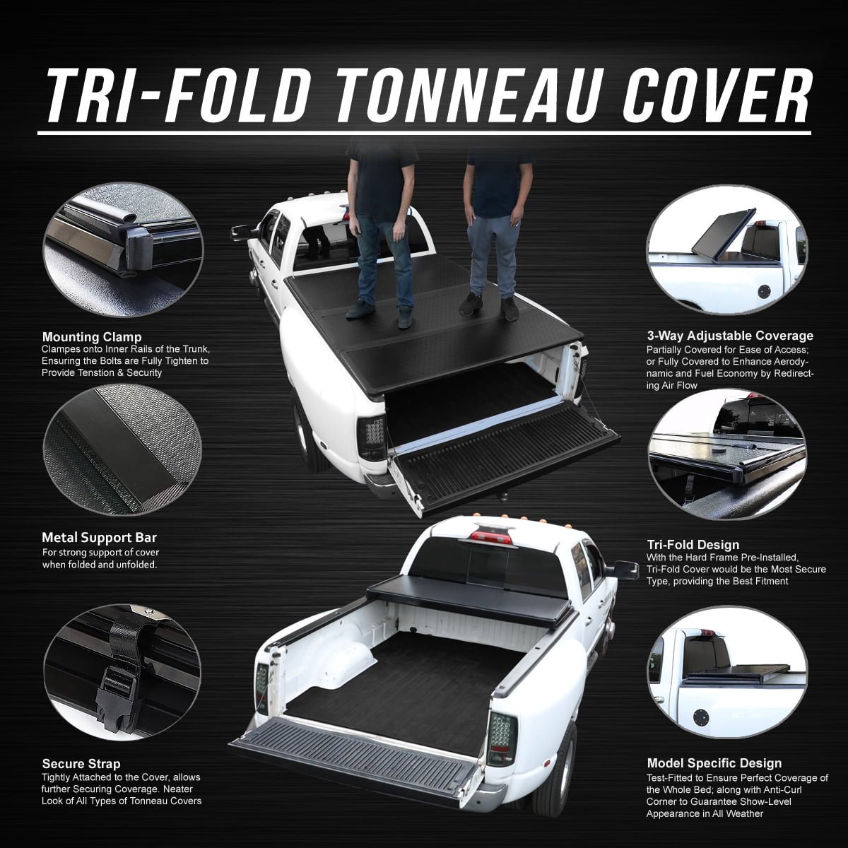 DNA Motoring TTC-HARD-019 For 2009 to 2018 Ram Truck 6.5Ft Short Bed Hard Solid Tri -Fold Clamp -On Tonneau Cover 10 11 12 13 14 15 16 17