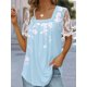 thumbnail image 1 of Camiseta estampada plisada con cuello cuadrado para mujer, camisetas de manga corta con empalme de encaje, Tops holgados informales para mujer 2023, 1 of 5