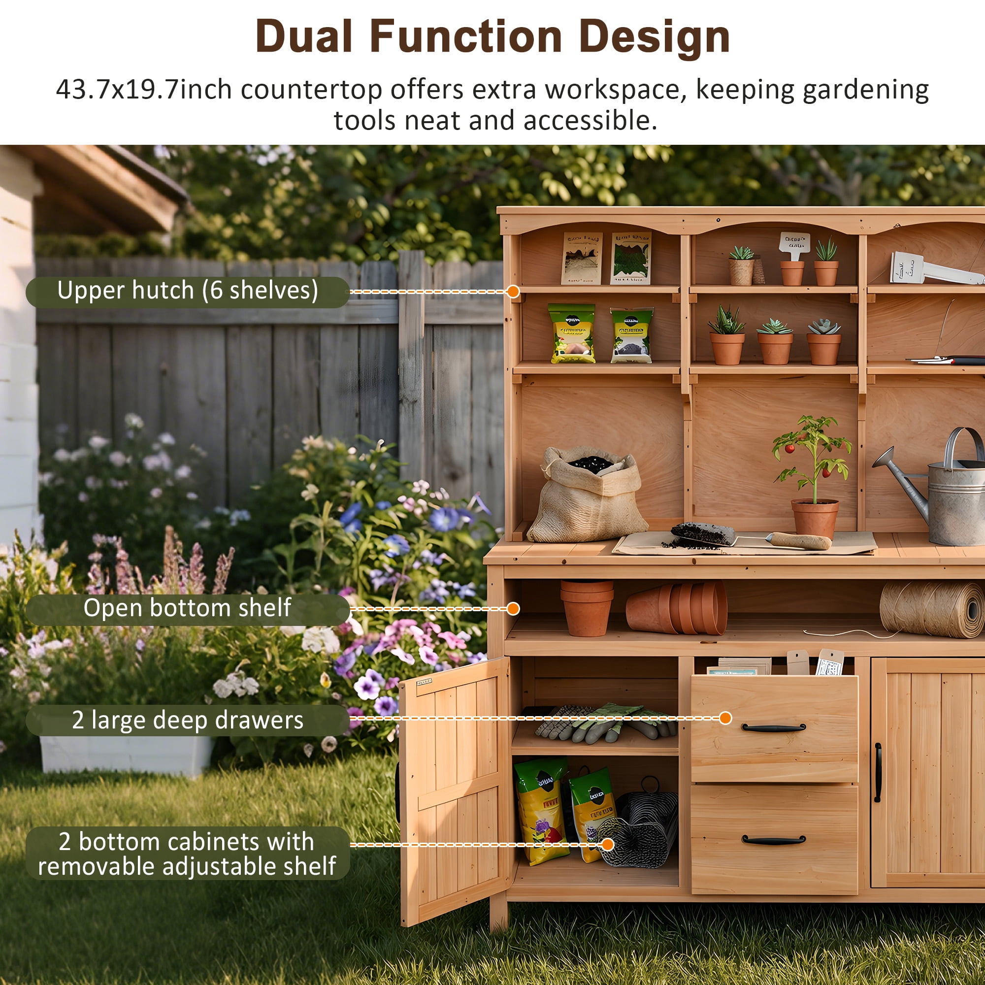 Mintazer Outdoor Potting Bench with Cabinets, 65"H Multi-Functional Patio Kitchen Island with 2 Drawers & Hooks, Large Countertop for Gardening Grill, Natural