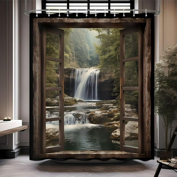 Waterfall Shower Curtain Rown Wooden Window Natural Landscape Shower Curtains Tropical Rainforest Forest Summer Scenery Bathroom Curtain Set with 12 Hooks 72x72 Inches (A)