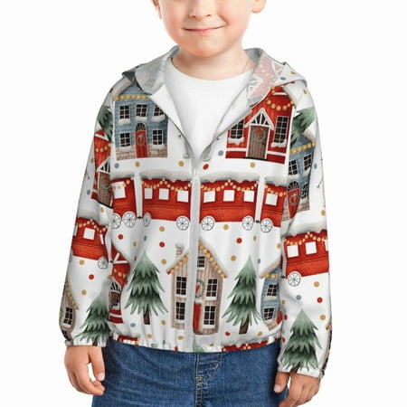 

Gaeub Christmas Houses Print Athletic Sun Protection Hoodie for Kids Long Sleeve Outdoor UV Shirt Running Fishing Top for Boys Girls-4 Years