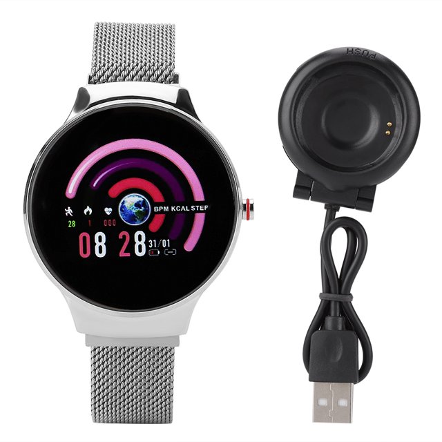 reloj h5 bluetooth resistente al agua, frecuencia cardíaca, presión arterial, monitor de actividad física, reloj plateado — Vista frontal centrada de reloj plateado con correa magnética de malla y pantalla circular IPS de 1,04" que muestra hora, pasos y anillos de actividad; caja de aleación de zinc con botón lateral. A la derecha, base de carga USB magnética con cable. Adecuado para monitoreo continuo de frecuencia cardíaca, presión arterial y sueño y para modos multideporte y control remoto de cámara.