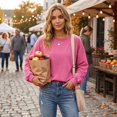 thumbnail image 5 of WULMLEO Women Retro Vintage Wash Sweatshirts Long Sleeve Crewneck Tops Oversized Loose Curved Hem Soft Lightweight Fall Daily Wear Tees Hot Pink M, 5 of 8