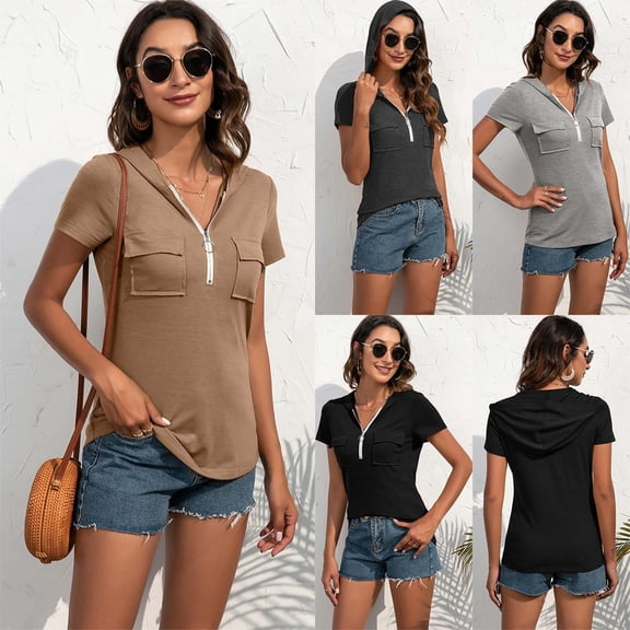 SXCXLSA Women Short Sleeve Hoodie Casual Solid Color Pocket TShirt Lightweight Zipper Detail Hooded Top Summer Sporty Relaxed Fit Blouse Breathable Comfortable Ladies Active