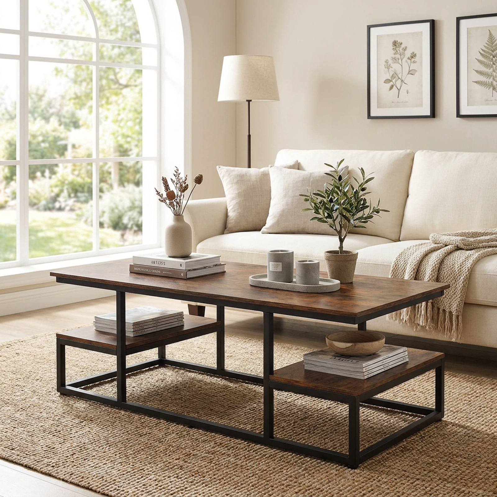 Furnibear 43 Inch Rectangle Coffee Table with Two Open Shelves and Metal Frame a Rustic Wood Living Room Center Table, Rustic Brown